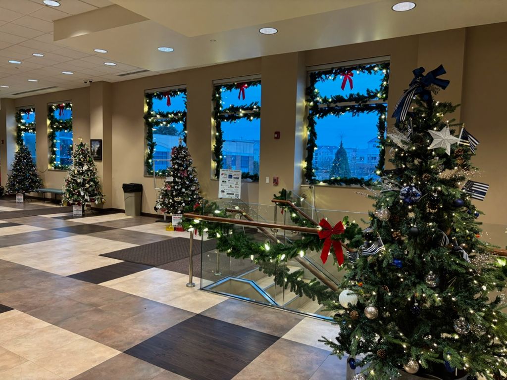 Building lobby with several decorated trees and windows framed in lit garland with red bows.