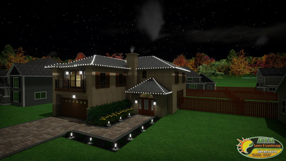 Package illustration of a home with holiday lights along the full front roof, including peaks and gables.