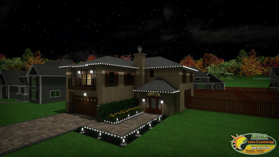 Package illustration of a home with holiday lights along the front gutter and along the front walkway.