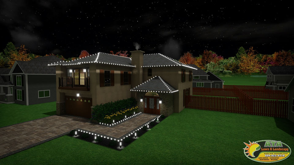 Package illustration of a home with holiday lights along the full front roof and along the front walkway.
